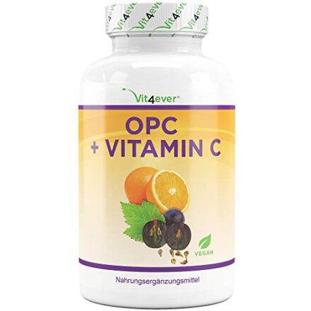 OPC Traubenkernextrakt + natürliches Vitamin C - 240 Kapseln für 8 Monate - Höchster OPC Gehalt nach HPLC - Laborgeprüftes OPC aus europäischen Weintrauben - Vegan  